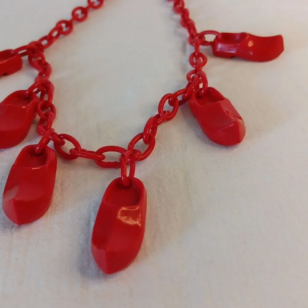1930s-1940s Red Celluloid Clog Necklace Choker Plastic Whimsical 15in Red Shoes